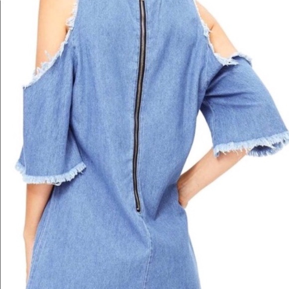BLUE DENIUM COLD SHOULDER FRAYED EDGING DRESS - Picture 4 of 8